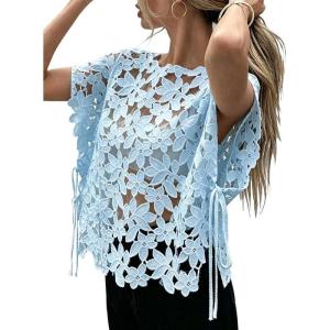 image:imageCHARTOU Women Floral Lace Summer Top Cap Short Sleeve Side Tie Mesh Tank Top Swimsuit Cover UpLight Blue