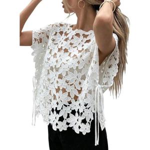 image:imageCHARTOU Women Floral Lace Summer Top Cap Short Sleeve Side Tie Mesh Tank Top Swimsuit Cover UpWhite