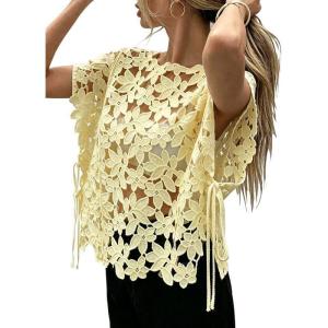 image:imageCHARTOU Women Floral Lace Summer Top Cap Short Sleeve Side Tie Mesh Tank Top Swimsuit Cover UpYellow