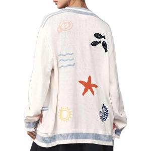image:imageCHARTOU Womens Cute Graphic Fall Cardigan Contrast Trim Knit Oversized Sweater Lightweight KnitwearsWhite