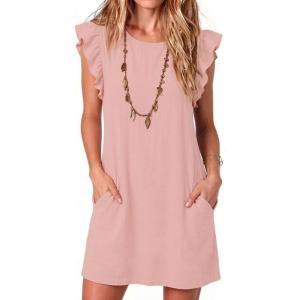 image:imageCHARTOU Womens Ruffle Sleeve Tshirt Jersey Dress Casual Shift Dress Loose Fit Crew Neck Beach Vacation Sundress with PocketsPink