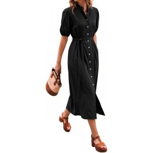 image:imageCHARTOU Womens Summer Casual Midi Dress Button Down Belted Shirt Dresses with Pockets Short Sleeve Cotton Maxi DressBlack