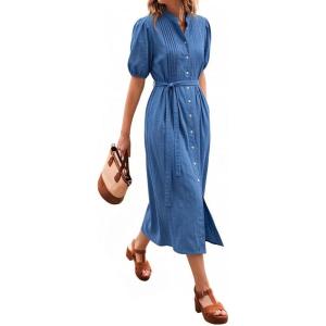 image:imageCHARTOU Womens Summer Casual Midi Dress Button Down Belted Shirt Dresses with Pockets Short Sleeve Cotton Maxi DressBlue