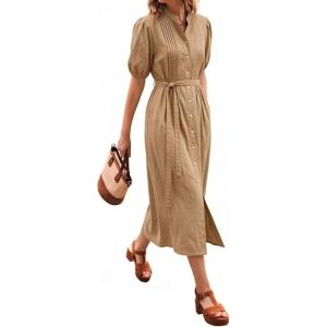 image:imageCHARTOU Womens Summer Casual Midi Dress Button Down Belted Shirt Dresses with Pockets Short Sleeve Cotton Maxi DressKhaki