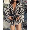 image:imageCHARTOU Women 2025 Fall Stripe Zig Zag Wrap Sweater Bell Long Sleeve Open Front Cardigan with BeltBlack