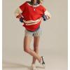 image:imageCHARTOU Women Color Block Knit Pullover Sweater Fall Winter Oversized Contrast Stripes Long Sleeve Jumper TopsRed