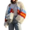 image:imageCHARTOU Women Chunky Knit Open Front Cardigan Sweater Stripes Lantern Sleeve Knit Tops Street WearWhite