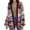 image:imageCHARTOU Women Color Block Stripes Sweater Cardigan Fall Oversized Open Front Long Sleeve Knit Outwear CoatWine Red