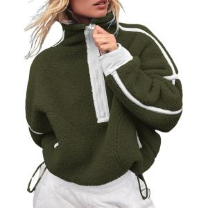 image:imageCHARTOU Half Zip Oversized Pullover Sweatshirt for Women Fleece Zip Up Jacket Sherpa Pull Over Sweaters FallArmy Green