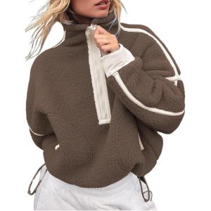 image:imageCHARTOU Half Zip Oversized Pullover Sweatshirt for Women Fleece Zip Up Jacket Sherpa Pull Over Sweaters FallBrown