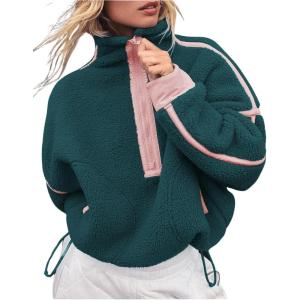 image:imageCHARTOU Half Zip Oversized Pullover Sweatshirt for Women Fleece Zip Up Jacket Sherpa Pull Over Sweaters FallGreen