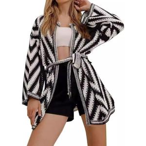 image:imageCHARTOU Women 2025 Fall Stripe Zig Zag Wrap Sweater Bell Long Sleeve Open Front Cardigan with BeltBlack