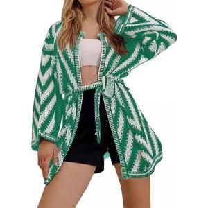 image:imageCHARTOU Women 2025 Fall Stripe Zig Zag Wrap Sweater Bell Long Sleeve Open Front Cardigan with BeltGreen