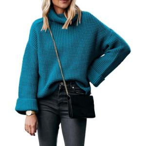 image:imageCHARTOU Women Chunky Turtleneck Waffle Knit Sweater Top Pullover Knitted Long Sleeve Jumper OversizedBlue