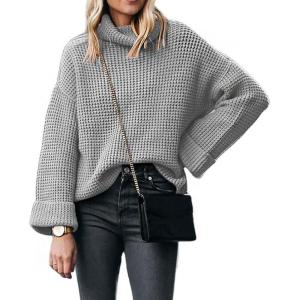 image:imageCHARTOU Women Chunky Turtleneck Waffle Knit Sweater Top Pullover Knitted Long Sleeve Jumper OversizedGrey