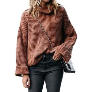 image:imageCHARTOU Women Chunky Turtleneck Waffle Knit Sweater Top Pullover Knitted Long Sleeve Jumper OversizedKhaki
