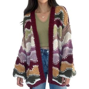 image:imageCHARTOU Women Color Block Stripes Sweater Cardigan Fall Oversized Open Front Long Sleeve Knit Outwear CoatWine Red