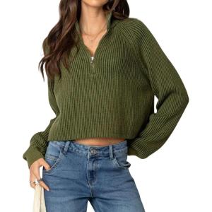 image:imageCHARTOU Women Crop Pullover Sweater Half Zipper Oversized Polo Collar Short Sweater TopsGreen