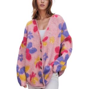 image:imageCHARTOU Women Oversized Cardigan Sweater Button Down v Neck Knit Floral Sweater TopsPink