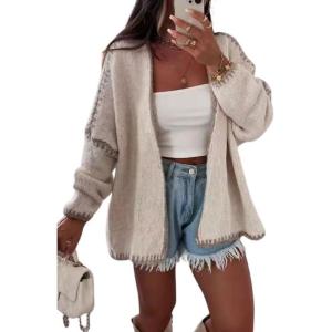 image:imageCHARTOU Women Oversized Color Block Open Front Cardigan Sweater Fall Winter Sweater TopsApricot