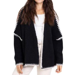 image:imageCHARTOU Women Oversized Color Block Open Front Cardigan Sweater Fall Winter Sweater TopsBlack