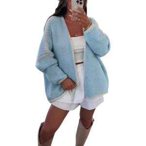 image:imageCHARTOU Women Oversized Color Block Open Front Cardigan Sweater Fall Winter Sweater TopsBlue