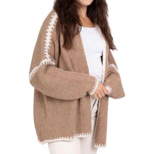 image:imageCHARTOU Women Oversized Color Block Open Front Cardigan Sweater Fall Winter Sweater TopsKhaki