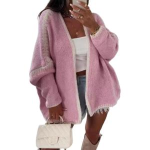image:imageCHARTOU Women Oversized Color Block Open Front Cardigan Sweater Fall Winter Sweater TopsPink