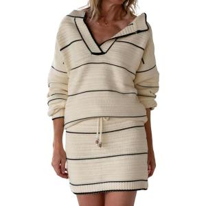 image:imageCHARTOU Women Sweater Skirt 2 Piece Outfits V Neck Contrast Pullover Sweaters Mini Pencil Skirt Lounge SetsApricot