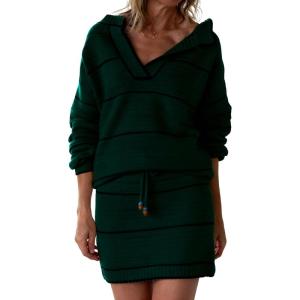 image:imageCHARTOU Women Sweater Skirt 2 Piece Outfits V Neck Contrast Pullover Sweaters Mini Pencil Skirt Lounge SetsGreen