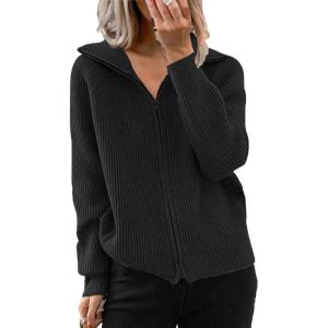image:imageCHARTOU Women Zip Up Cardigan Coat Rib Lapel Collar Rib Knitted Sweater Jacket OuterwearBlack