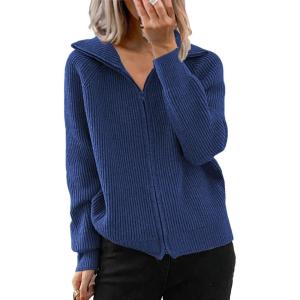 image:imageCHARTOU Women Zip Up Cardigan Coat Rib Lapel Collar Rib Knitted Sweater Jacket OuterwearBlue