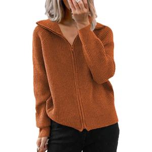 image:imageCHARTOU Women Zip Up Cardigan Coat Rib Lapel Collar Rib Knitted Sweater Jacket OuterwearCaramel