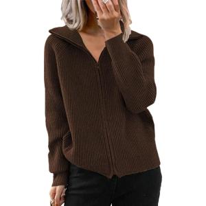 image:imageCHARTOU Women Zip Up Cardigan Coat Rib Lapel Collar Rib Knitted Sweater Jacket OuterwearCoffee