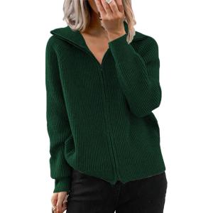 image:imageCHARTOU Women Zip Up Cardigan Coat Rib Lapel Collar Rib Knitted Sweater Jacket OuterwearGreen