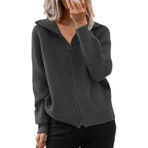 image:imageCHARTOU Women Zip Up Cardigan Coat Rib Lapel Collar Rib Knitted Sweater Jacket OuterwearGrey