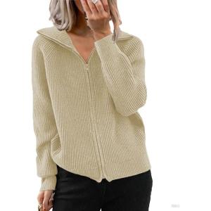 image:imageCHARTOU Women Zip Up Cardigan Coat Rib Lapel Collar Rib Knitted Sweater Jacket OuterwearKhaki