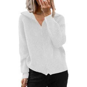 image:imageCHARTOU Women Zip Up Cardigan Coat Rib Lapel Collar Rib Knitted Sweater Jacket OuterwearWhite