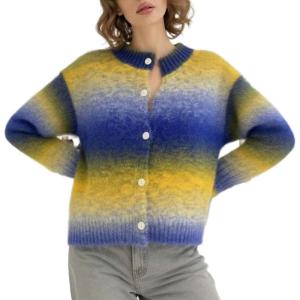 image:imageCHARTOU Womens Ombre Fuzzy Cropped Rib Knit Cardigan Sweaters for Women Color Block Fall Outwear Cute TopsBlue Yellow