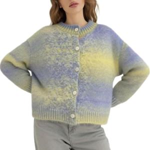 image:imageCHARTOU Womens Ombre Fuzzy Cropped Rib Knit Cardigan Sweaters for Women Color Block Fall Outwear Cute TopsGrey Yellow