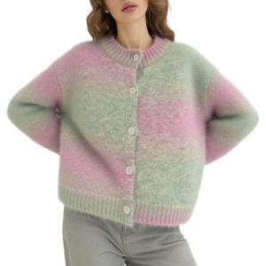 image:imageCHARTOU Womens Ombre Fuzzy Cropped Rib Knit Cardigan Sweaters for Women Color Block Fall Outwear Cute TopsPink Green