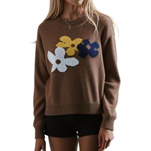 image:imageCHARTOU Womens Oversized Knit Sweater Fall Fashion Floral Pullover Tops Cute Crewneck JumperBrown