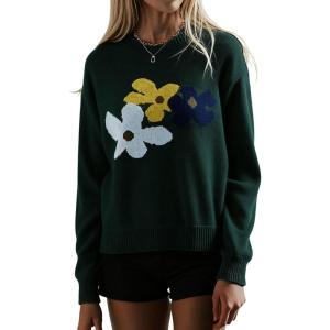 image:imageCHARTOU Womens Oversized Knit Sweater Fall Fashion Floral Pullover Tops Cute Crewneck JumperGreen