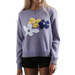 image:imageCHARTOU Womens Oversized Knit Sweater Fall Fashion Floral Pullover Tops Cute Crewneck JumperPurple