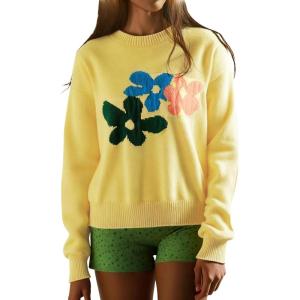 image:imageCHARTOU Womens Oversized Knit Sweater Fall Fashion Floral Pullover Tops Cute Crewneck JumperYellow