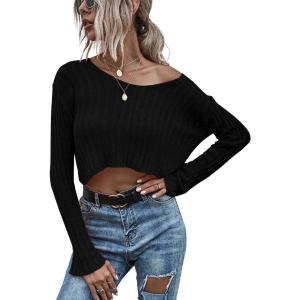image:imageCHARTOU Womens Sexy Sheer v Neck Long Sleeve Cropped Sweater Pullover JumperBlack