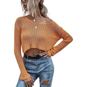 image:imageCHARTOU Womens Sexy Sheer v Neck Long Sleeve Cropped Sweater Pullover JumperOrange