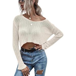 image:imageCHARTOU Womens Sexy Sheer v Neck Long Sleeve Cropped Sweater Pullover JumperWhite