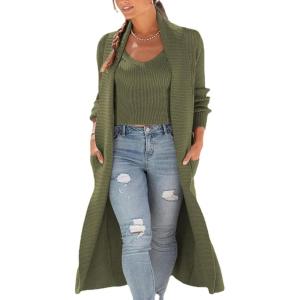 image:imageCHARTOU Womens Shawl Collar 2 Piece Open Front Cardigan Sweater Rib Knit Crop Cami SetsArmy Green