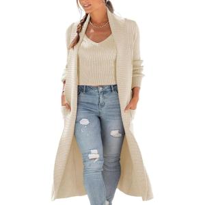 image:imageCHARTOU Womens Shawl Collar 2 Piece Open Front Cardigan Sweater Rib Knit Crop Cami SetsBeige